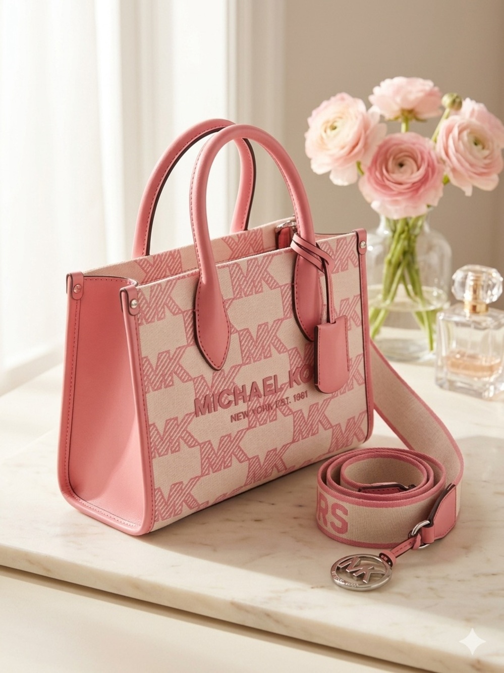 Michael Kors Mirella Small Logo Jacquard Crossbody Bag - Tea Rose Pink